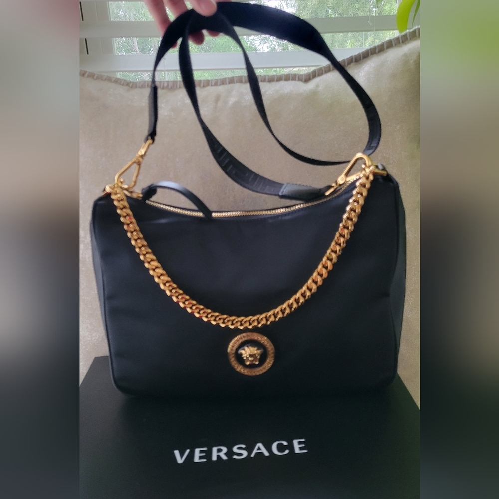 VERSACE Nylon Tribute Chain Crossbody Shoulder Bag Black